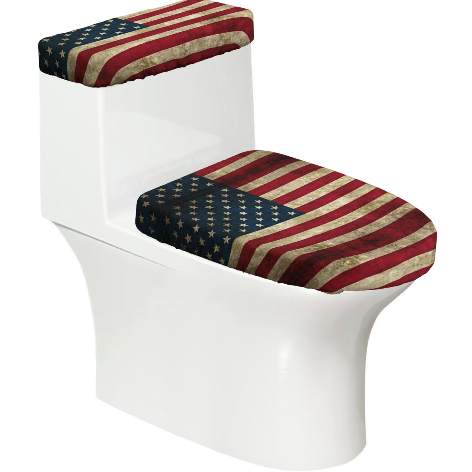 American Flag Print Toilet Lid Cover And Tank Lid Cover For Bathroom With Elastic Bottom, Bathroom Decoration