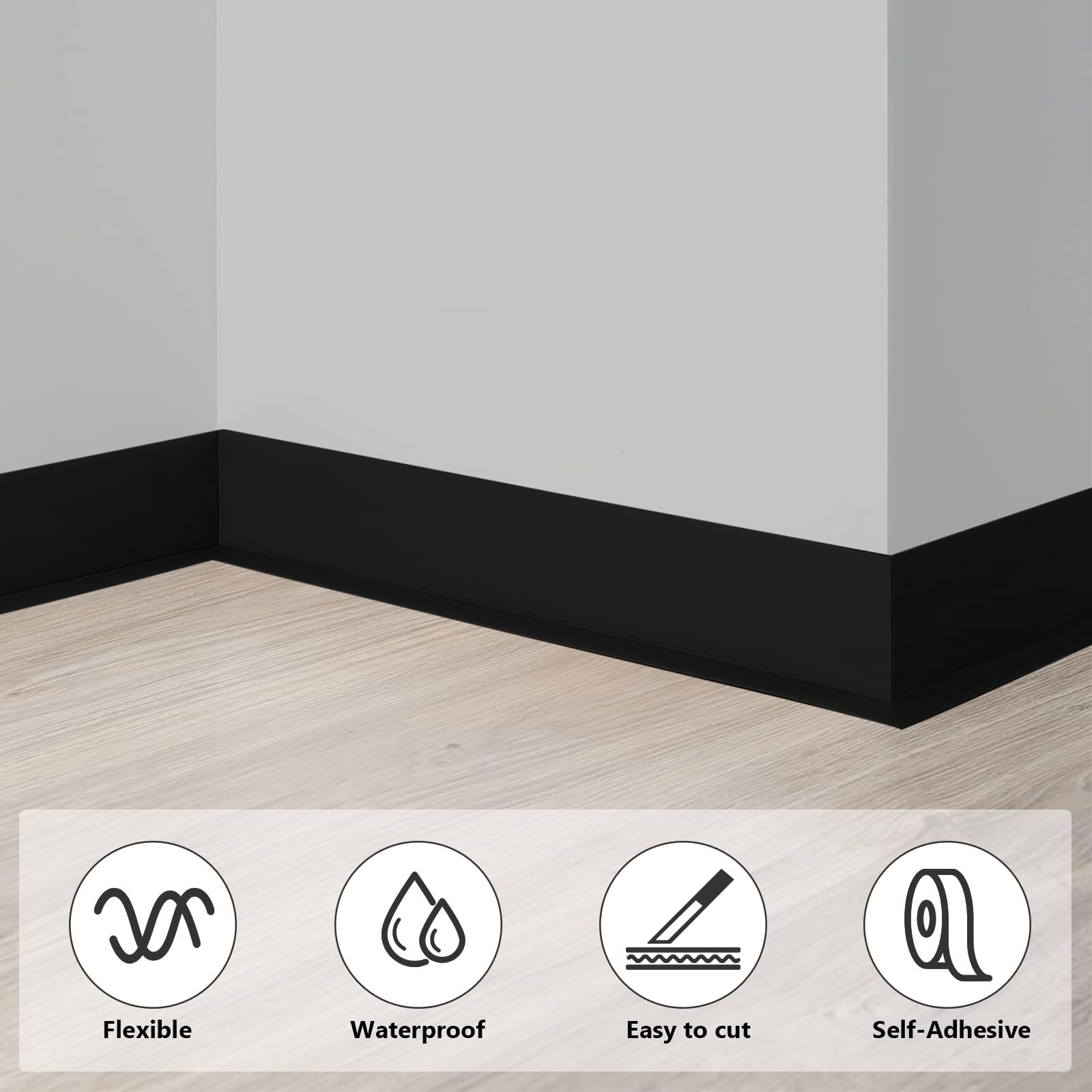 Battiscopa, Facile Installazione Adesivo Autoadesivo 70 mm x 20 mm x 18 m, Battiscopa in pvc per Cucina Bagno Garage, Nero
