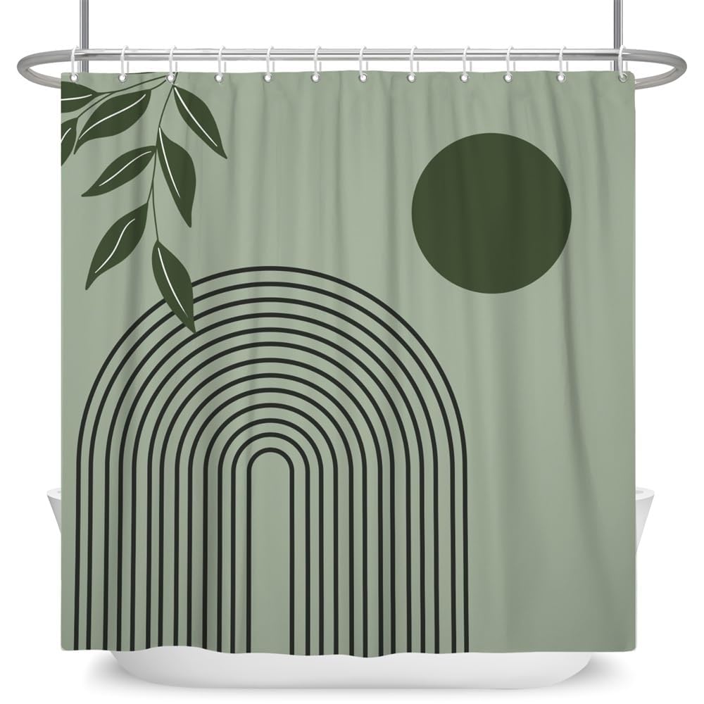 Tenda da doccia verde salvia 220 x 200 cm (L x A) Stile moderno di metà secolo, motivo a foglie e linee di sole, lavabile, in tessuto impermeabile, con ganci per bagno e vasca