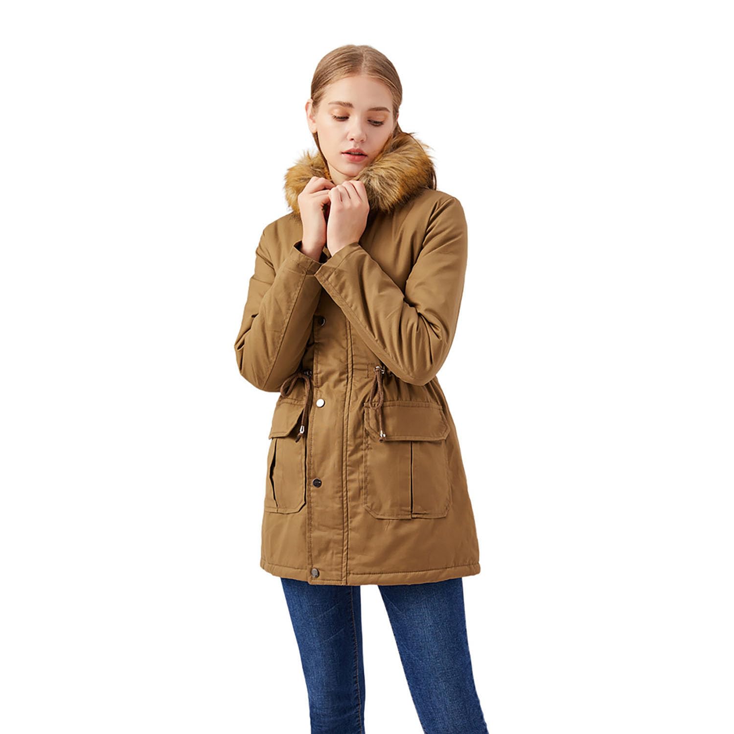 Frauen Winterjacke Kunstpelz Kapuze Baumwolle Gepolstert Mantel Damen Parka Oberbekleidung Zip Up Plus Size Solid Outdoor Sportbekleidung,Khaki,L(Chest:116cm)