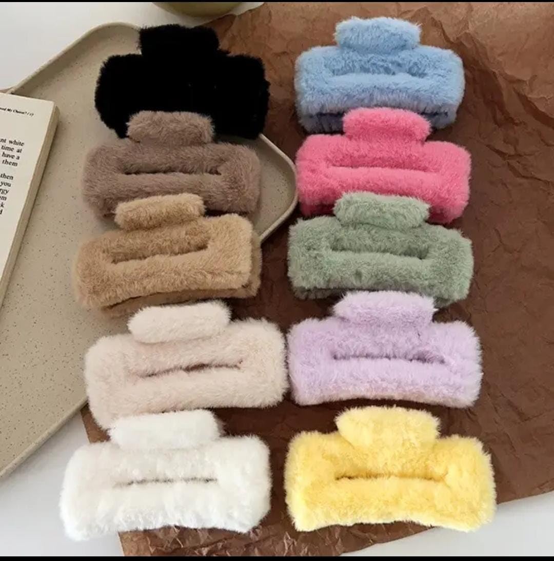 KK CREATIONS 10PCS rectangle fur Faux Fur Claw Clip for Winter, Large Fuzzy Hair Claw for Thick Thin Hair, Long Fur Hair Clips Leopard Grasp Clip for Women & Girls