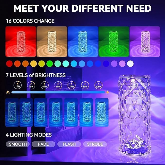 Image of Crystal LED Table Lamp Night Lights Remote & Touch Sensor, USB Rechargeable, 16-Color Changing Lamp for Bedroom, Living Room, or Study (Diamond-Multi)