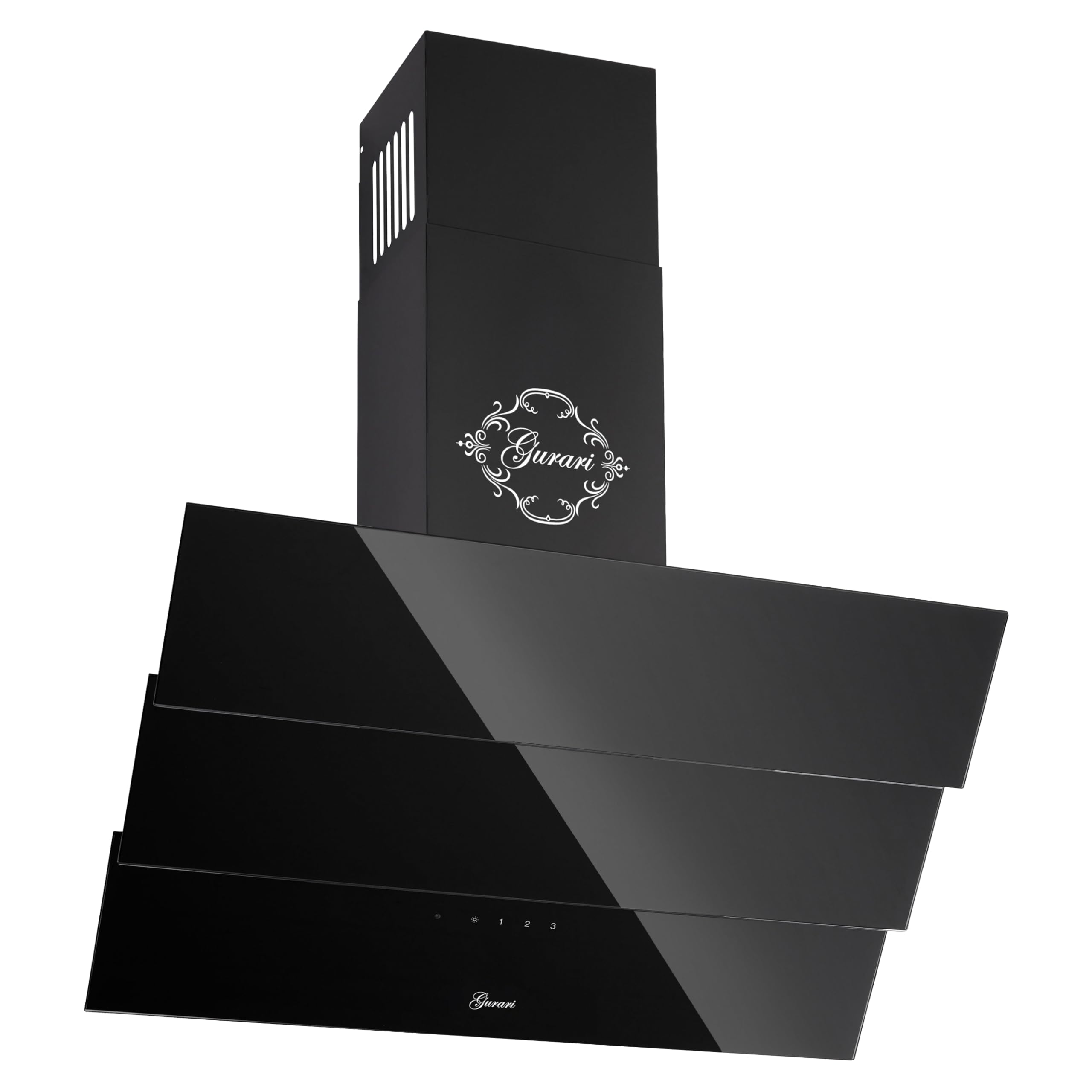 Gurari kopffrei Dunstabzugshaube 60 cm GCH D 267 BL.6 Prime Schwarz Glas | Wandhaube Umluft/Abluft | Abzugshaube 1000m³/h mit Fernbedienung (EEK A) | Randabsaugung, TouchControl, Timer