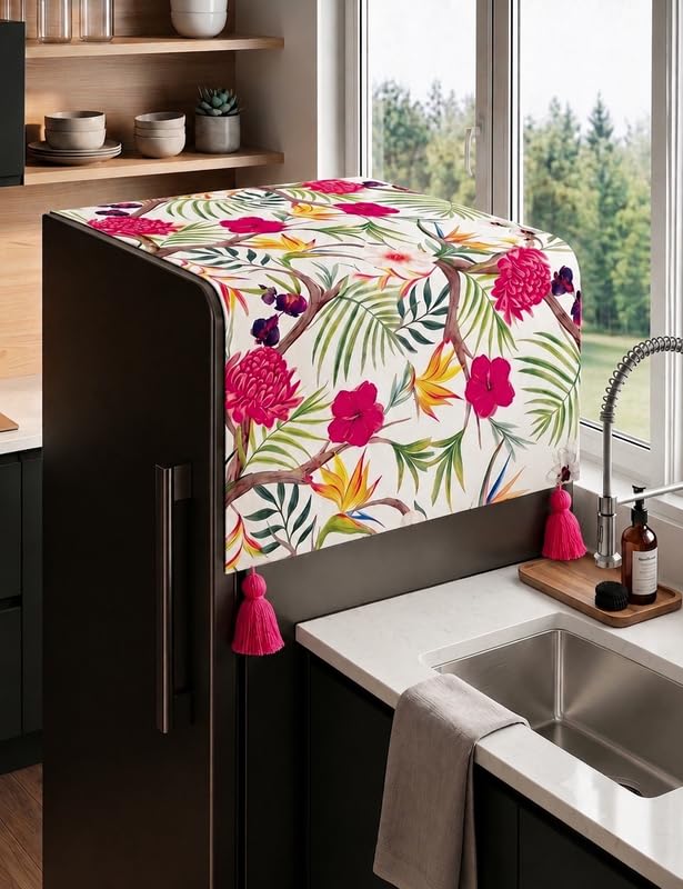 Image of WWW.THROWPILLOW.IN Fridge Top Cover for Single Door 100-250L | Fits Haier Samsung LG Godrej | 450 GSM Dustproof Fridge Cover Mat With Corner Tassels| Floral Print | Single Door Refrigerator Cover
