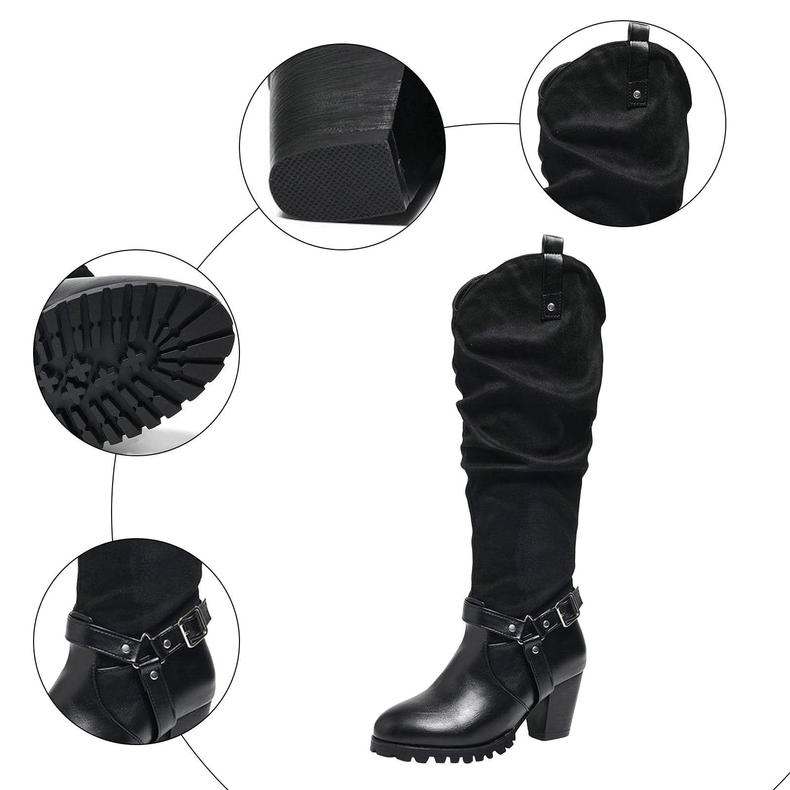 Stivali lunghi da cowboyst, da donna, con tacco a blocco, fibbia per cintura, eleganti stivali alti al ginocchio, con suola antiscivolo, stivali invernali alti da donna