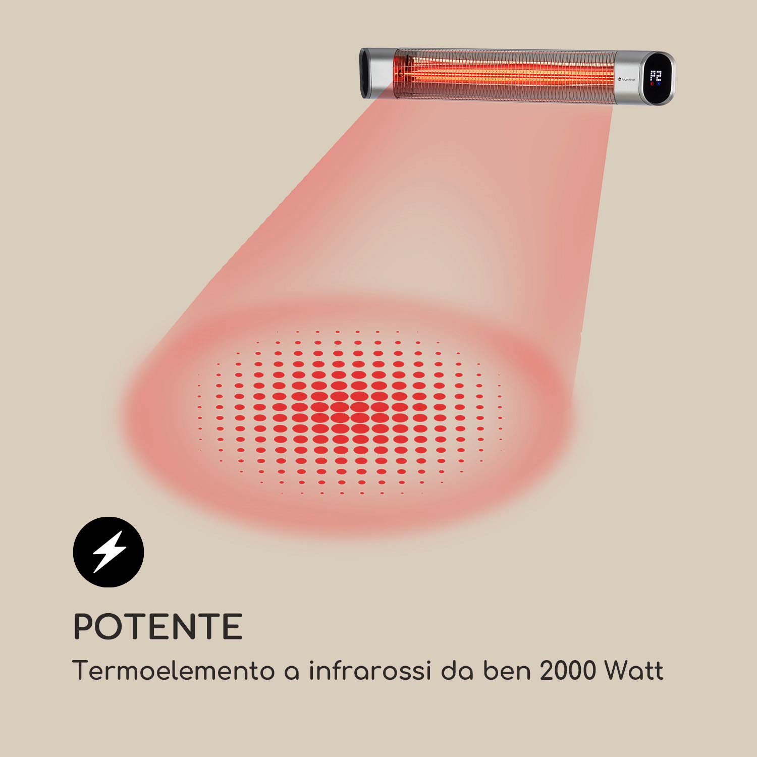 Blumfeldt Dark Wave Riscaldatore a infrarossi, Stufa da terrazzo, MinimalGlare Heating Tube: tubo carbonio dorato, 24 livelli calore, timer, IP65, display LED, riscaldatore da soffitto 2000 W, argento