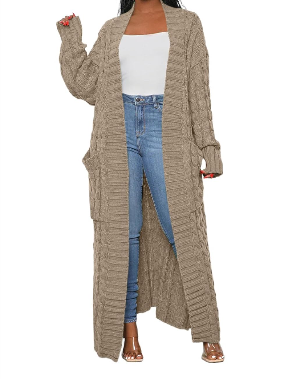 Womens Stylish Cable Knit Dual Chunky Cardigan with Pockets