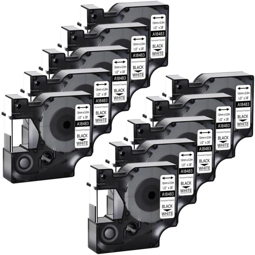 Black On White Permanent Polyester Industrial Label Tape 10PK Compatible with 18483 12mm for 1000 3000 4200 5000 Series Labeling Machines