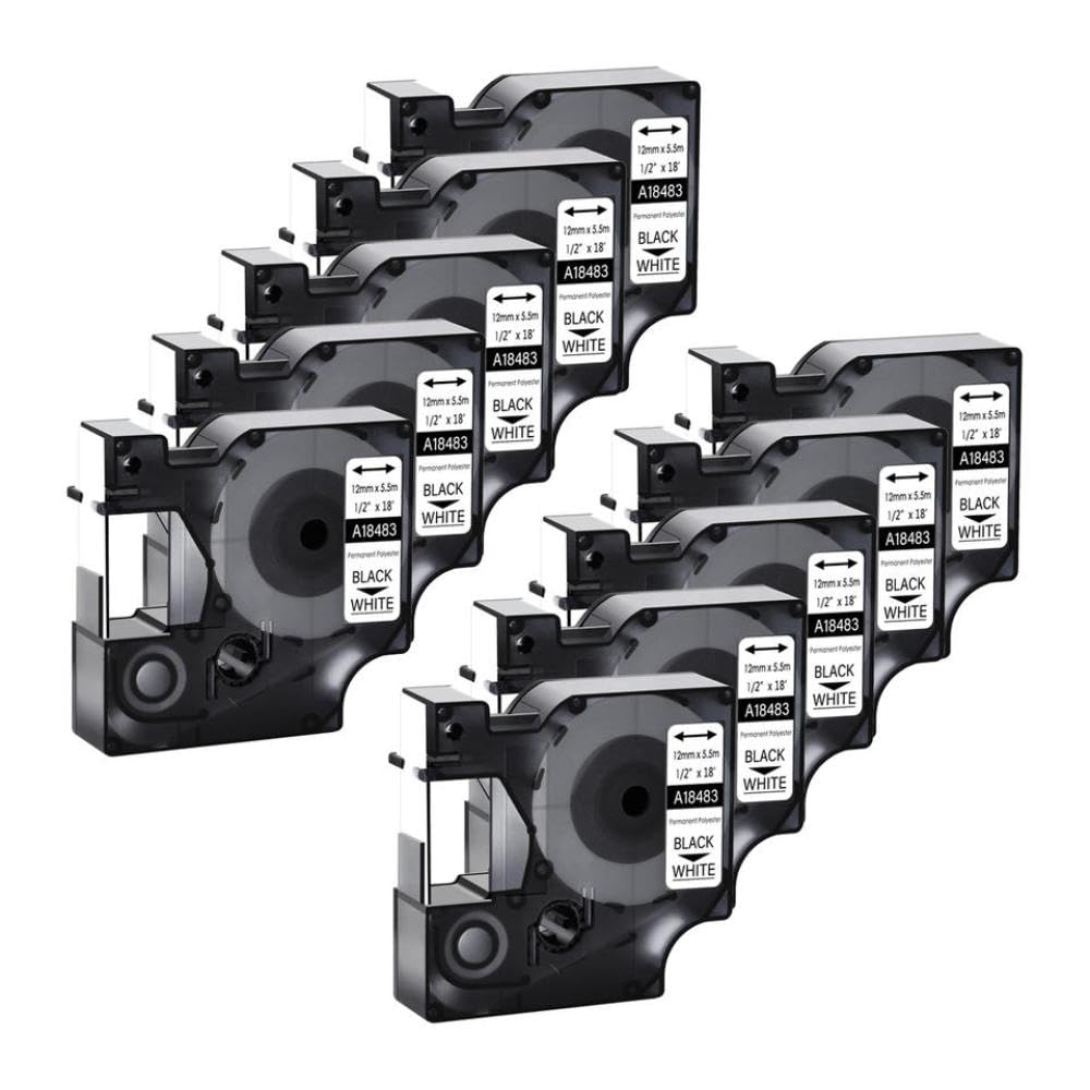 Confezione da 10 Nastri per Etichette industriali permanenti in Poliestere Nero su Bianco 9 mm 12 mm 19 mm Compatibile con 18483 1000 3000 4200 5000