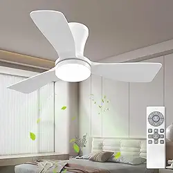 Ventilador de Teto Branco de Três Pás de 91 cm com Luz LED, Motor DC Silencioso, Controle Remoto, 6 Velocidades, 100V-240V, Função Reversível e Instalação Flush Mount