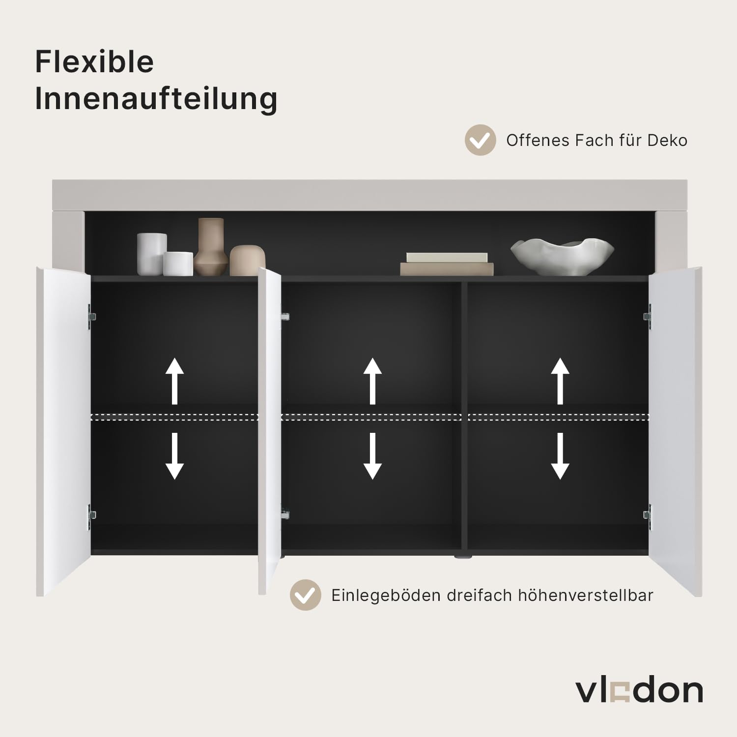 Vladon Sideboard Valencia, Kommode mit 3 Türen und 1 offenem Fach, Schwarz matt/Eiche Natur (155 x 92 x 40 cm)