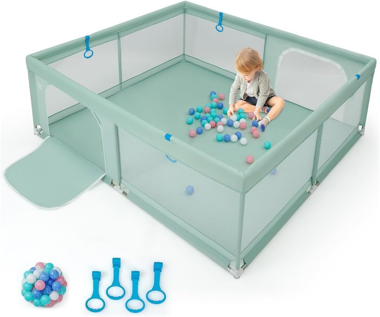 GOPLUS Parque para Bebés, Parque de juegos para Niños con Malla Transpirable, 4 Anillas, Bolas Oceánicas, Barrera para Bebé con Puerta, Centro de Actividades Interior para Niños, 180 x 200 cm (Verde)