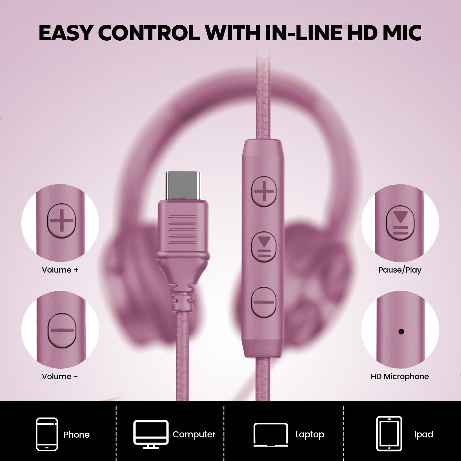 Cowyawn Voilet - Cuffie USB C cablate con microfono, controllo del volume, suono stereo HD, cuffie USB tipo C pieghevoli per adulti/ragazzi/laptop/computer/iPhone 15/16/17, Voilet