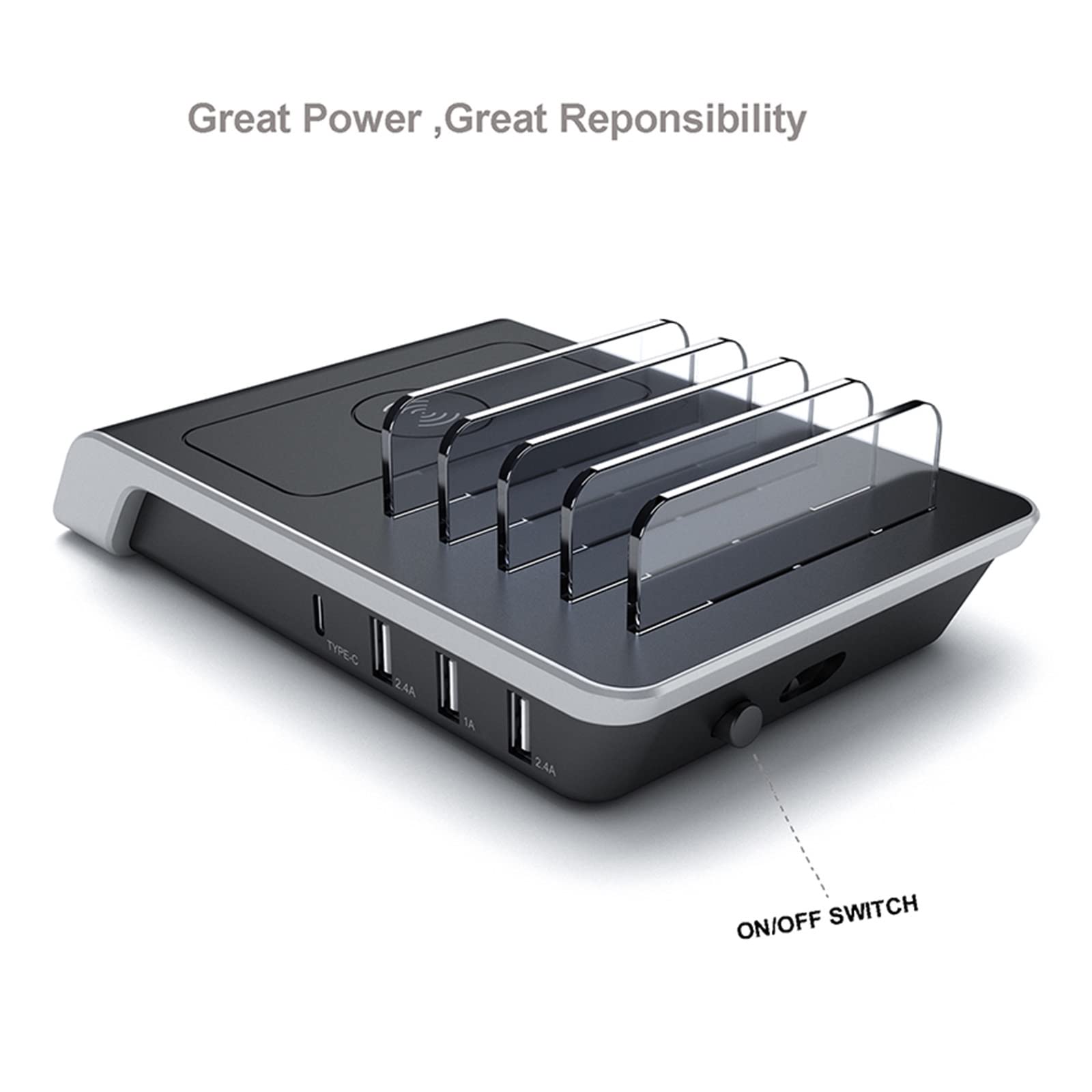 Stazione di Ricarica, Stazione di ricarica USB da 45 W a 4 porte Uscita tipo C Caricabatterie wireless Qi universale Docking station for più dispositivi