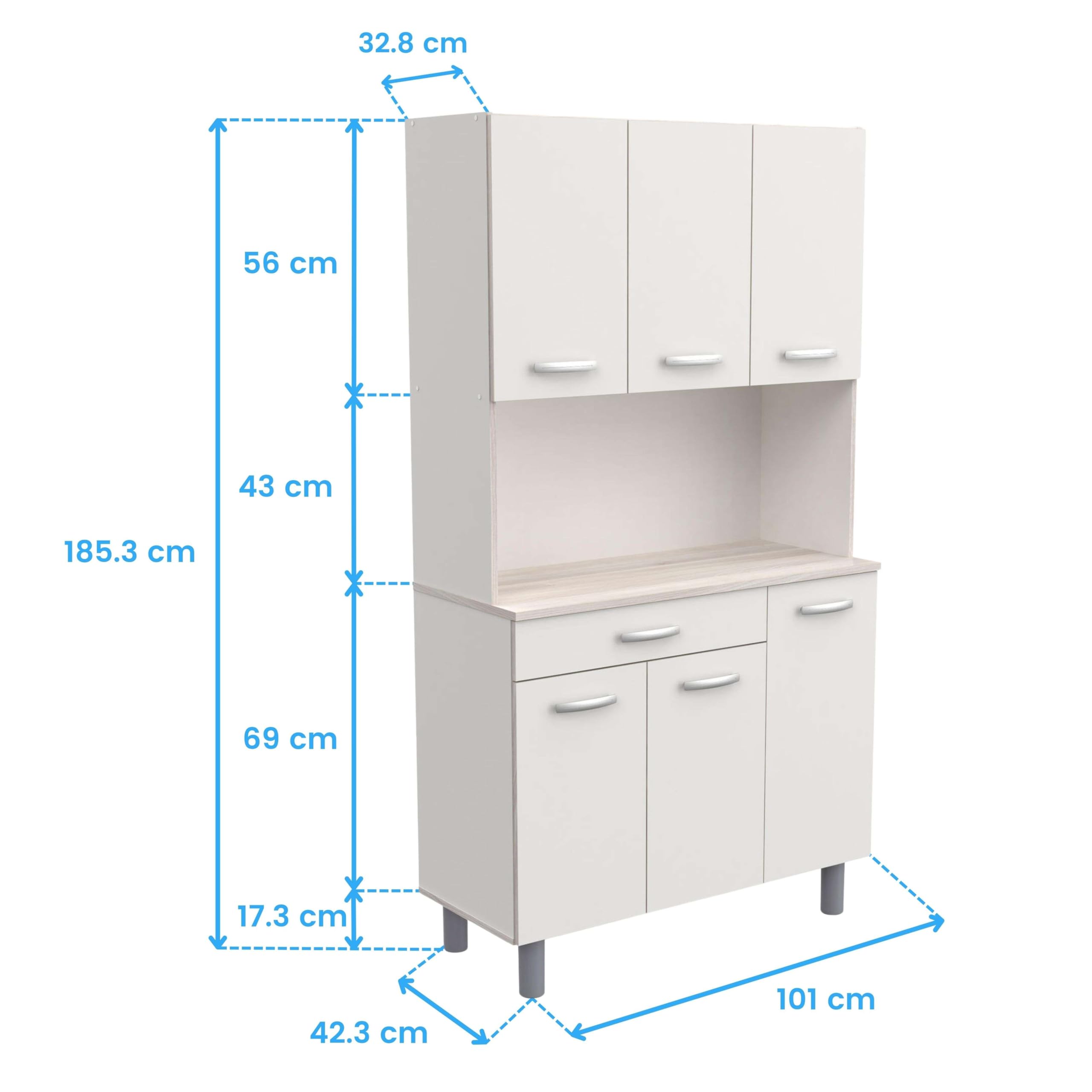 Mueble Auxiliar Cocina, Armario Cocina, Alacena Cocina Buffet 6 Puertas Blanco y Roble Acacia 101x185 cm