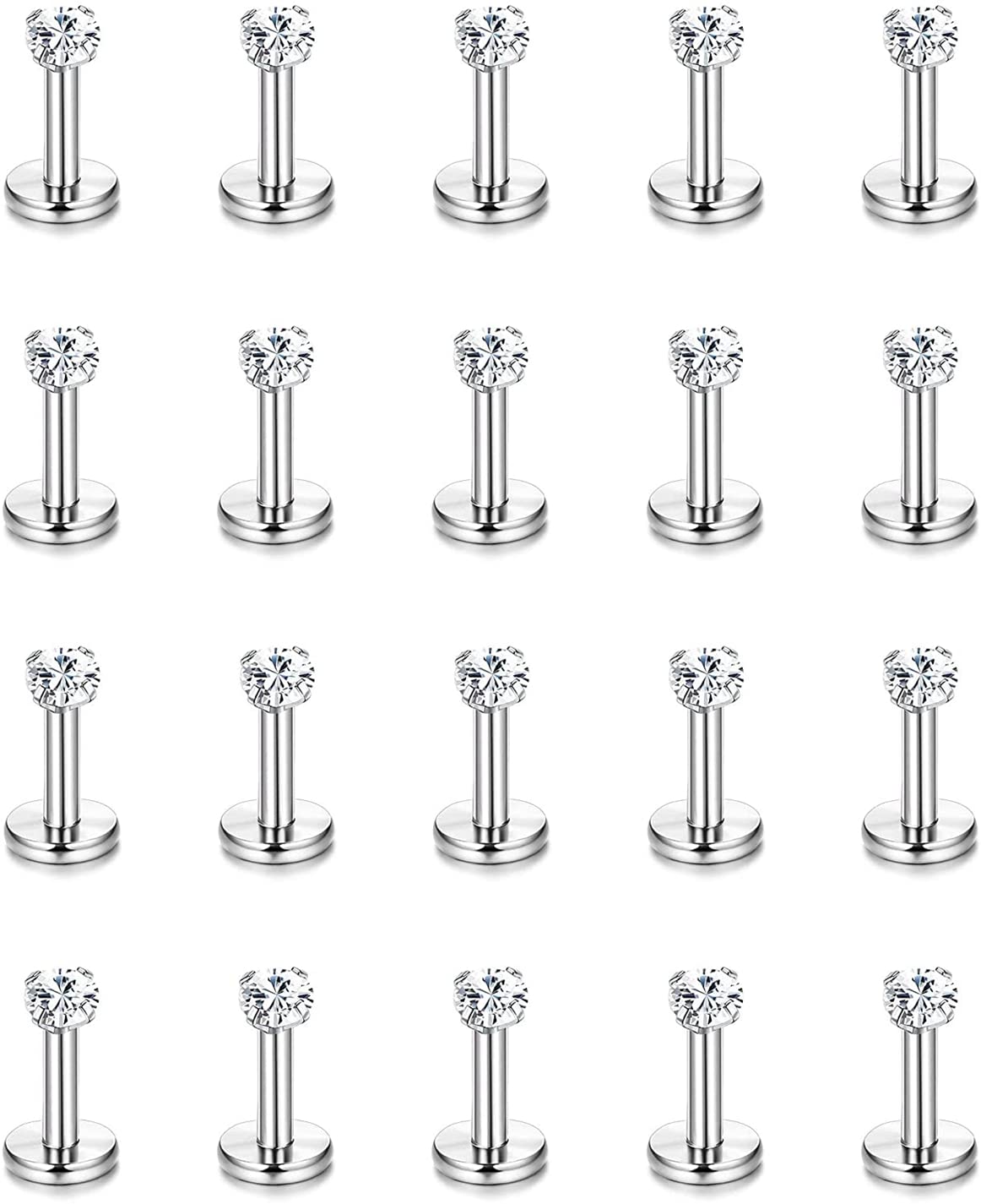 20Pcs 16G Labret Piercing Jewellery 316L Surgical Steel Labret Studs with CZ Ball 3MM Tragus Earrings Helix Cartilage Nose Piercing Jewellery in Silver Gold Vertical Labret 6/8/10mm