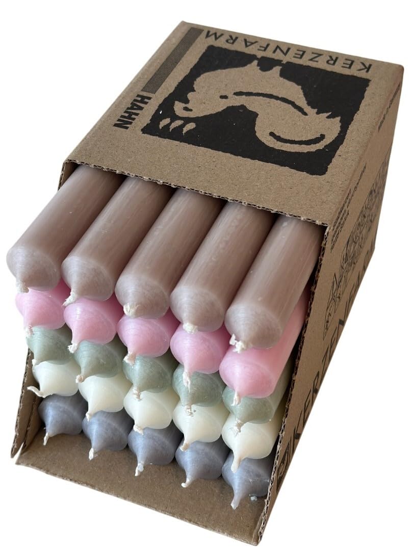 Kaarsenboerderij Hahn staafkaarsen, kleurrijke kaarsenset, 25 stuks - premium kwaliteit Made in Germany - 22 mm diameter, 18 cm lengte, kleurrijke kaarsen doorgeverfd - staafkaarsen pastelkleuren
