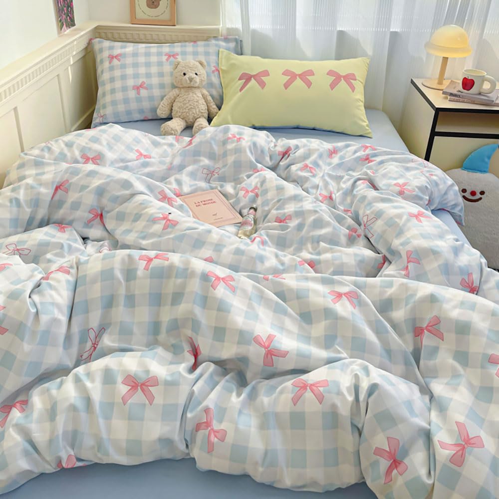Covebett Pink Bow Duvet Cover Sets Double Bed Pink Bows Bowknot Blue White Checked Plaid Grid Microfiber Bedding Set Aesthetic Girls Quilt Cover 200x200 with Zipper Closure and 2 Pillowcases 50x75 cm โ image 1