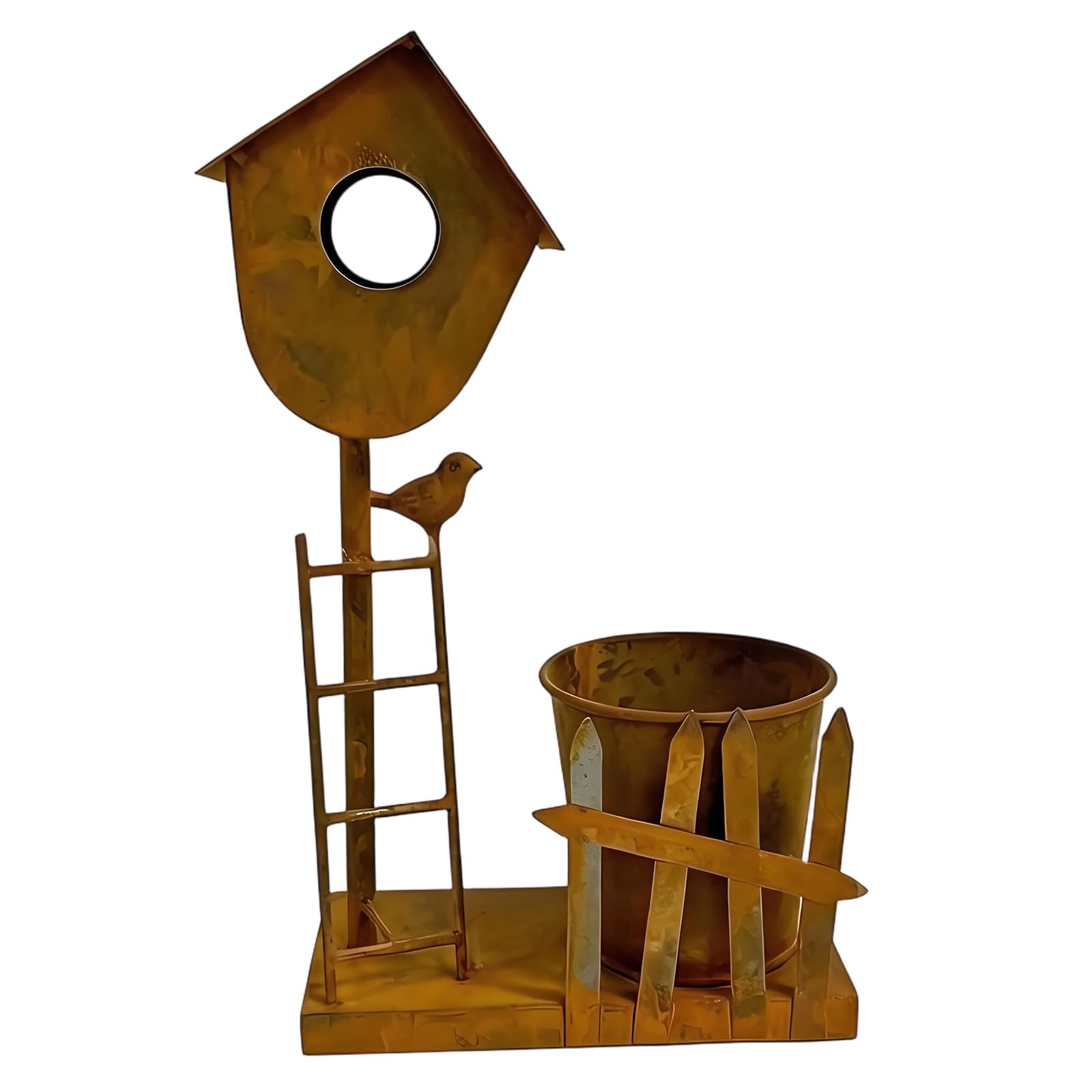 Patio Birdhouse Planter Metal Vintage Decor, Standing Flower Holder Accent with Round Planter Bowl and Decorative Bird Detail for Porch, Balcony, or Garden Corners Metal Birdhouse Vintage Garden Decor