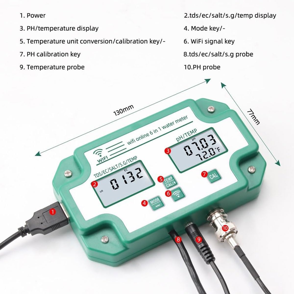 Wasserqualitätsmonitor, Digital WiFi PH EC TDS SALT SG Temperaturmessgerät Aquarium Analyzer Datenlogger für Labor und Hydrokultur