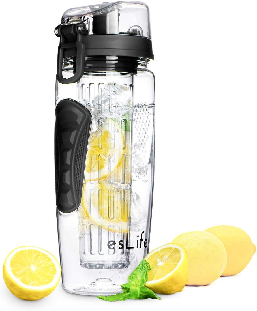 esLife 32 OZ Fruit Infuser Water Bottle with Large BPA Free Tritan Infusion Bottle Flip Top Lid & Dual Anti-Slip Grip Drinking Cup for Sports, Camping and Homeuse--Black