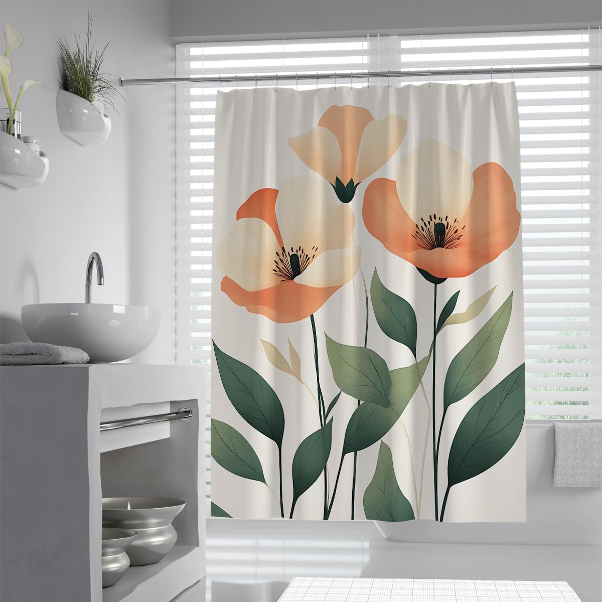 UIRINGART Cream Coral Shower Curtain W100xL180cm Modern Botanical Floral Print Waterproof Anti Mould Quick Dry Machine Washable Bathroom Screen with Hooks