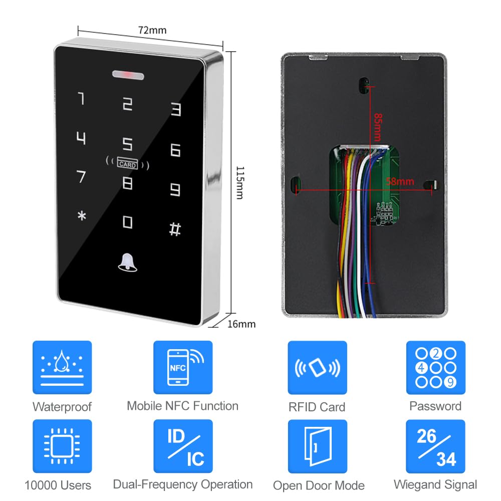 Kit de système de contrôle d'accès NFC RFID, lecteur de clavier tactile double fréquence (125 kHz/13,56 MHz), alimentation DC 12 V 3 A, bouton de sortie et 15 déverrouillages de porte-clés