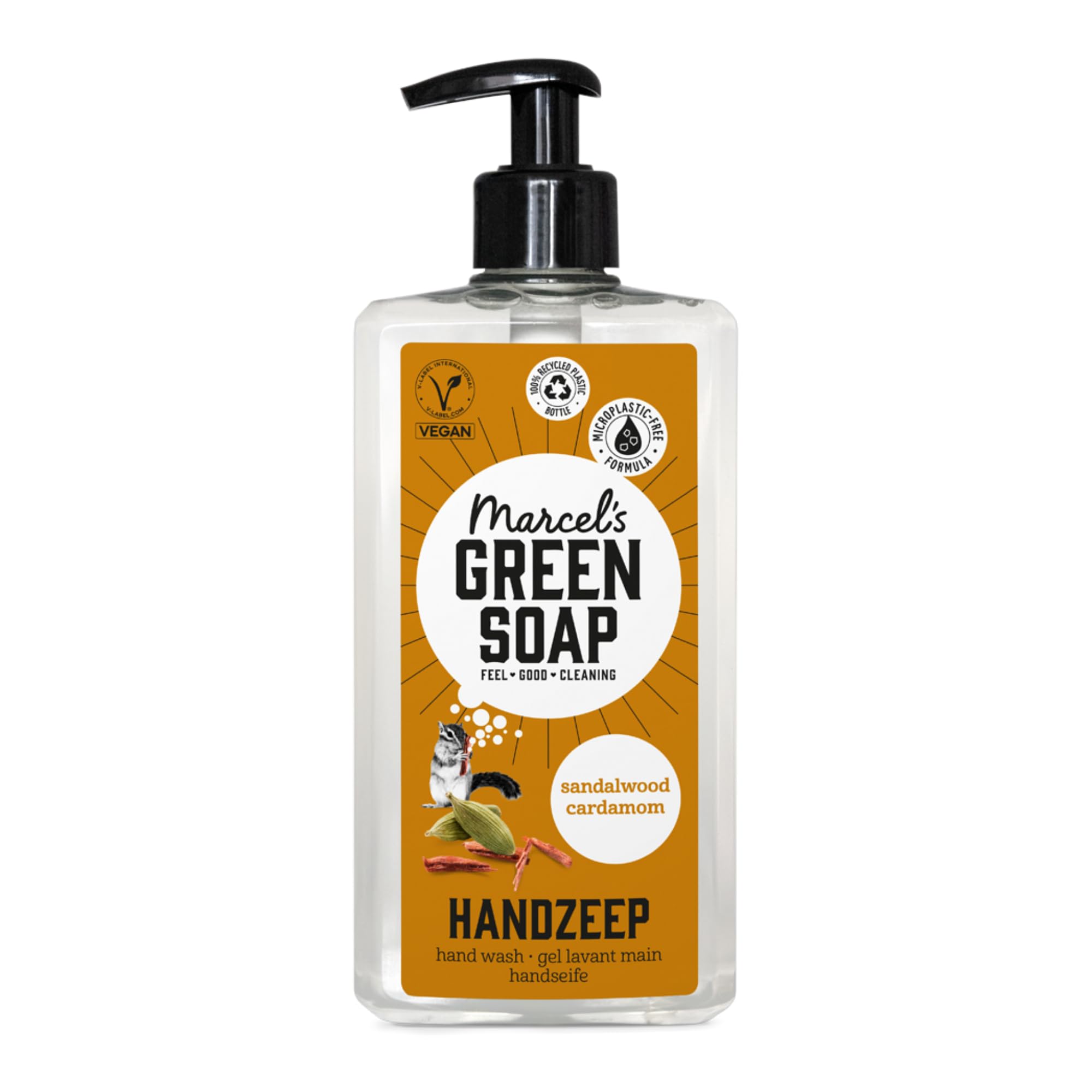 Marcel's Green Soap - Hand Soap Sandalwood & Cardamom - Handwash Dispenser - Microplastic-free formule - Vegan - 100% recycled plastic bottle - Refillable - 250 ml