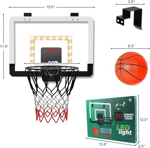 Miniatura 7 de Hitish Mini aro de baloncesto para interiores con marcador y luz LED, brilla en la oscuridad sobre la puerta, aro de baloncesto para niños,