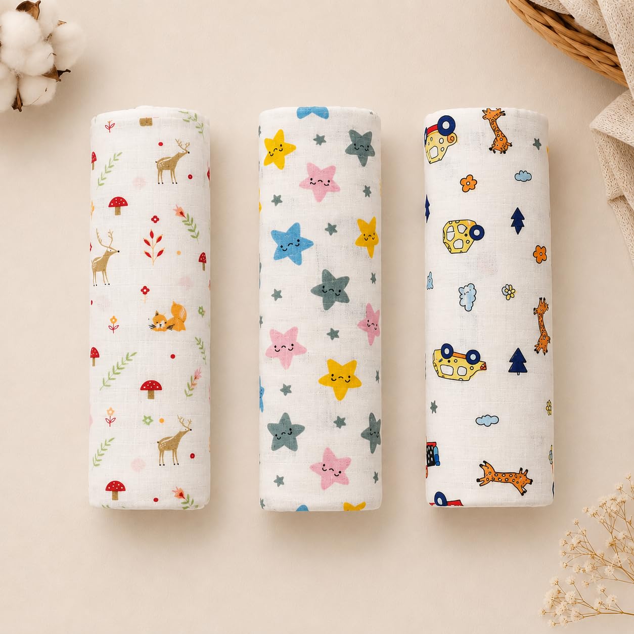 Muslin Swaddle Wraps 110 x 110 cm, Set of 3 Multipurpose, | Soft Muslin Fabric, Colorful Prints, Newborn Wrap, Breathable Material, Pack of 3 Multipurpose-image-17
