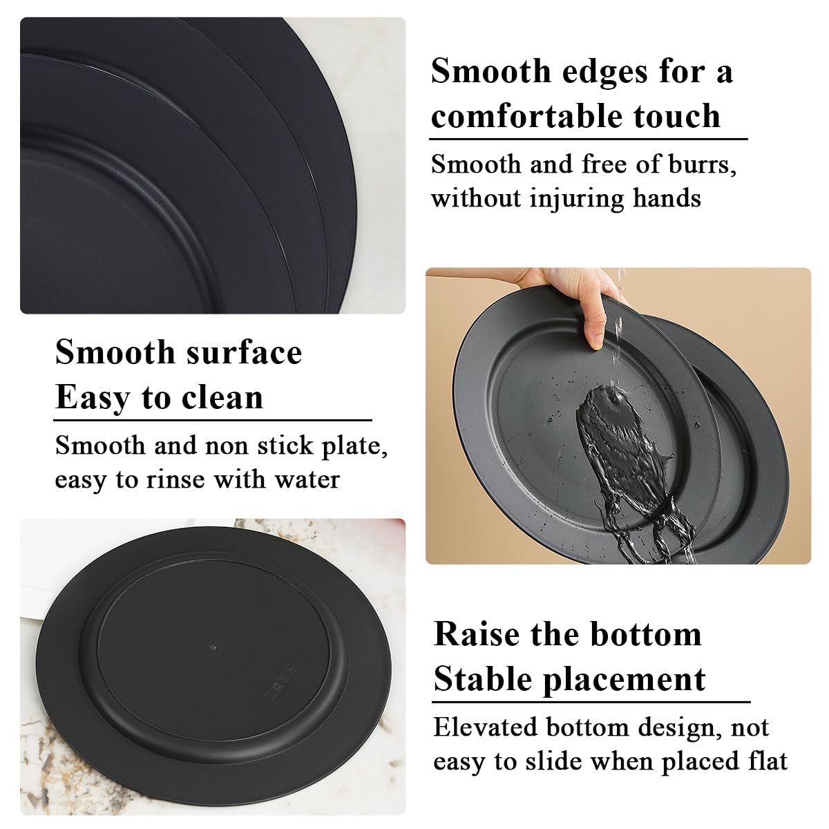 Berglander Set di piatti in plastica nera da 12 pezzi da 25cm riutilizzabili, piatti per insalate, ciotole per pasta, facili da trasportare per casa, giardino, picnic, campeggio, all'aperto