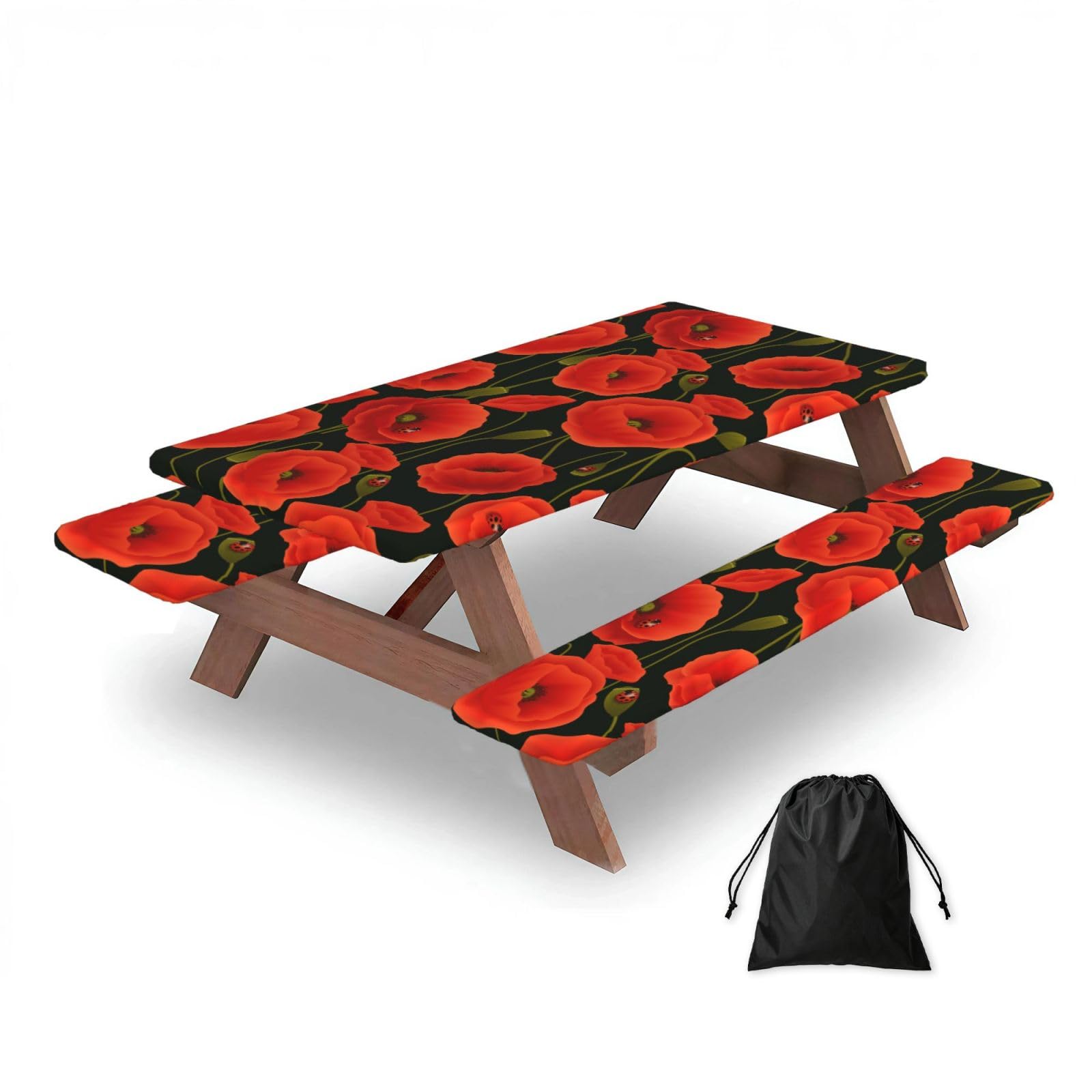 Dopklna As Picture Poppy Flowers, Picnic Table Cover With Bench Covers -Waterproof Elastic Fitted Tablecloth For Garden Camping Patio 76X152cm