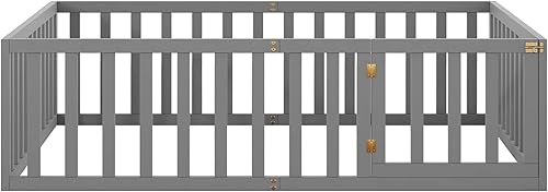 Miniatura 7 de Cama Montessori de tamaño matrimonial para niños, marco de cama con barandillas en forma de valla, listones de apoyo y puerta, cama matrimonial de