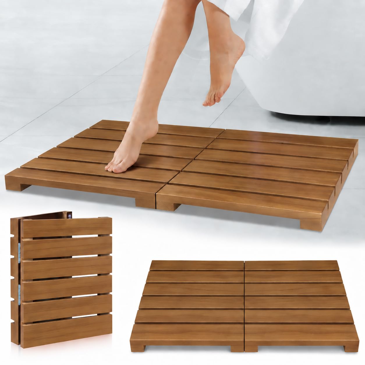 Teak Shower Mat, Foldable Wood Bath Mat for Indoor and Outdoor Areas