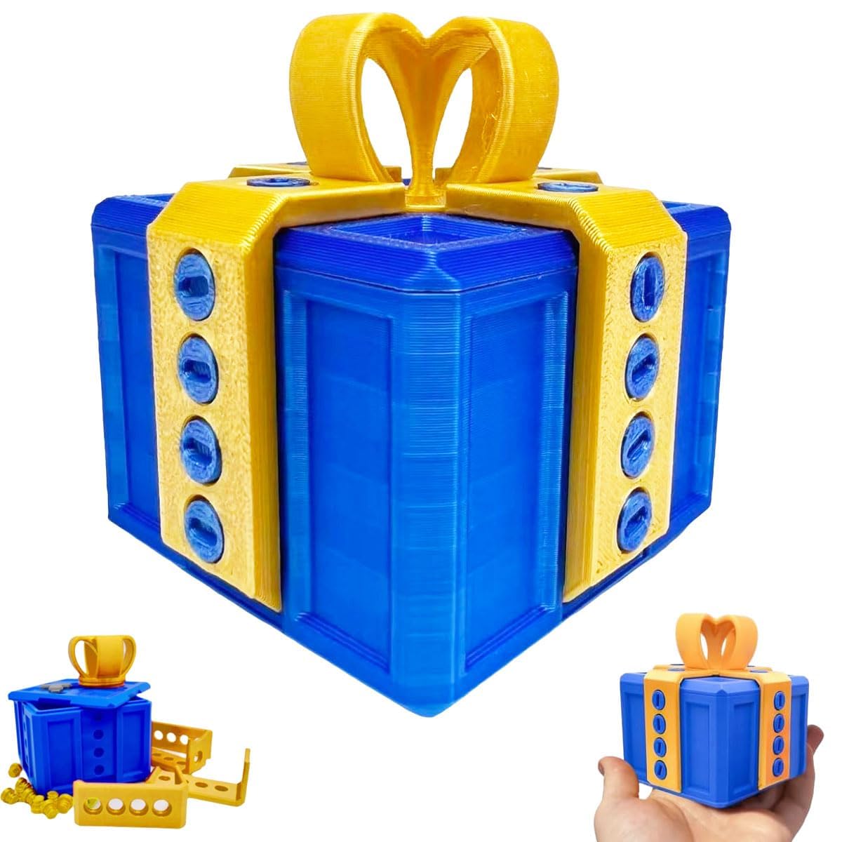 gift 3D Printed Prank box, Screws, Really Annoying Gift Box Novelty Desktop Ornaments for Christmas Adults Children (Blue Gold)
