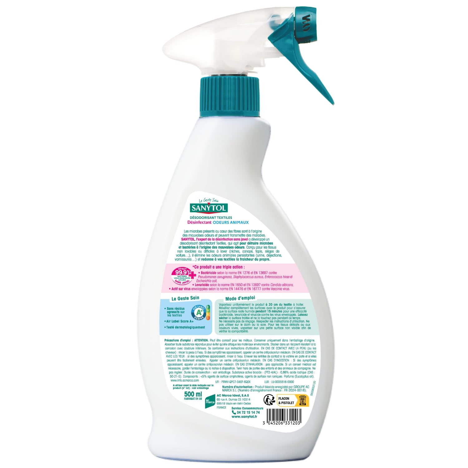 Sanytol - Deodorante Tessile Disinfettante - 500 ml - Set di 2 - Tutti i tipi di tessuti - Battericida, Virucide - Senza Residui Aggressivi - Non macchia