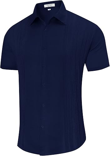 Miniatura 4 de TURETRENDY Camisa casual de manga corta con botones para hombre camisas de verano con pliegues de playa Guayabera