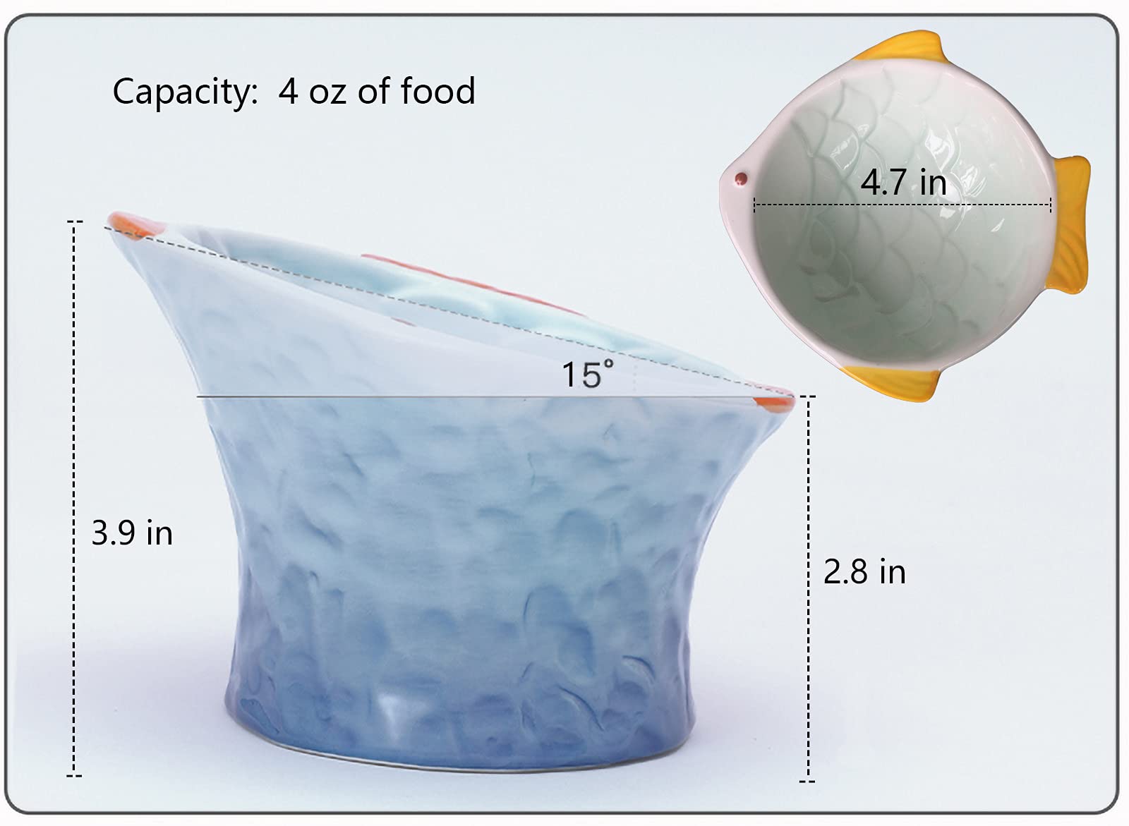Pochylona ceramiczna miska na karmę dla kotów, podwyższone, skośne naczynie w kształcie ryby, ergonomiczny podajnik zapobiegający wymiotom dla kociąt, idealny do suchych i mokrych smakołyków