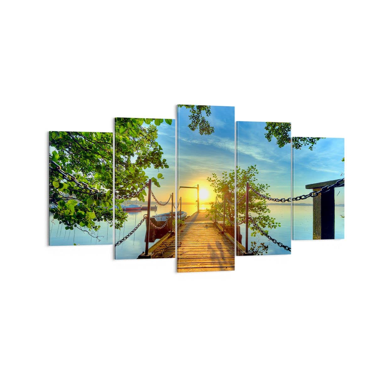 Wandbilder Dekoration Wohnzimmer See Sonnenuntergang Boot Landschaft Bilder auf Leinwand 160x85cm Leinwandbild Schlafzimmer Set 5 teilige Kunstdruck Art Groß XXL Wanddeko Bild Canvas EA160x85-2573