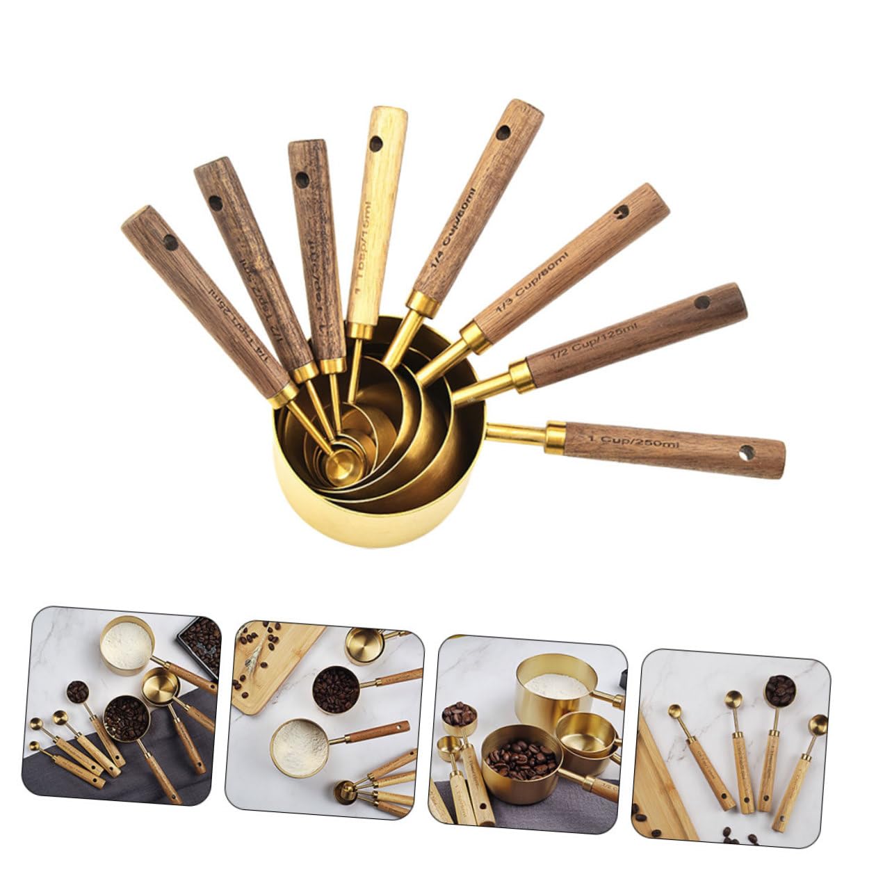 SHOWERORO 8piezas Cucharas Medidoras De Inoxidable Apilables Con Mango De Madera Para Cocina y Repostería Para Ingredientes Con