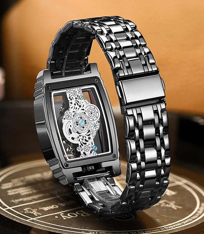Image of Rick Men's Luxury Hollow Skeleton Watch Retro Gorgeous Gear Carving Design Rectangle Tonneau Large Dial Stainless Steel Band Quartz Wristwatch Not Mechanical Watches