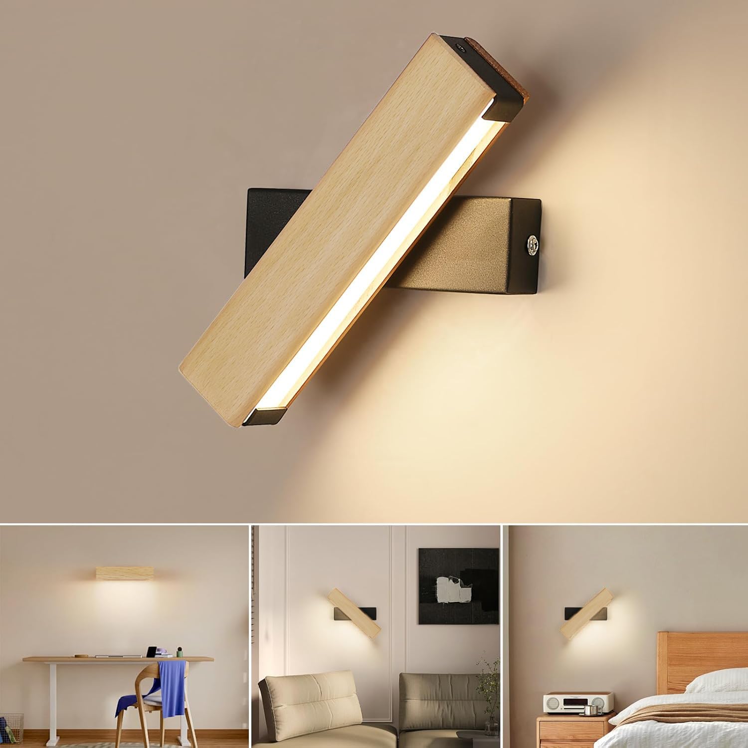 Lampada Da Parete A LED In Legno Massello 2 Pezzi, Rotazione 360°, Ricaricabile Con Telecomando E Controllo Vocale, Per Soggiorno E Corridoio - 4