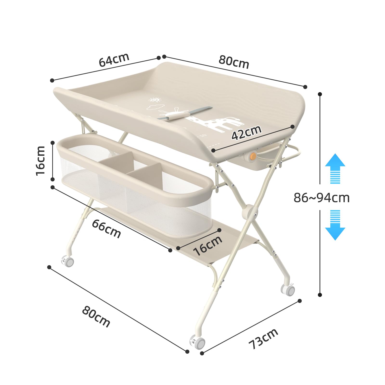 Supfine Table à Langer Pliable, Plan à Langer avec Panier Latéral et Tringle de Suspension, Réglable en Hauteur, avec roulettes Verrouillables (Crème, 4 en 1)