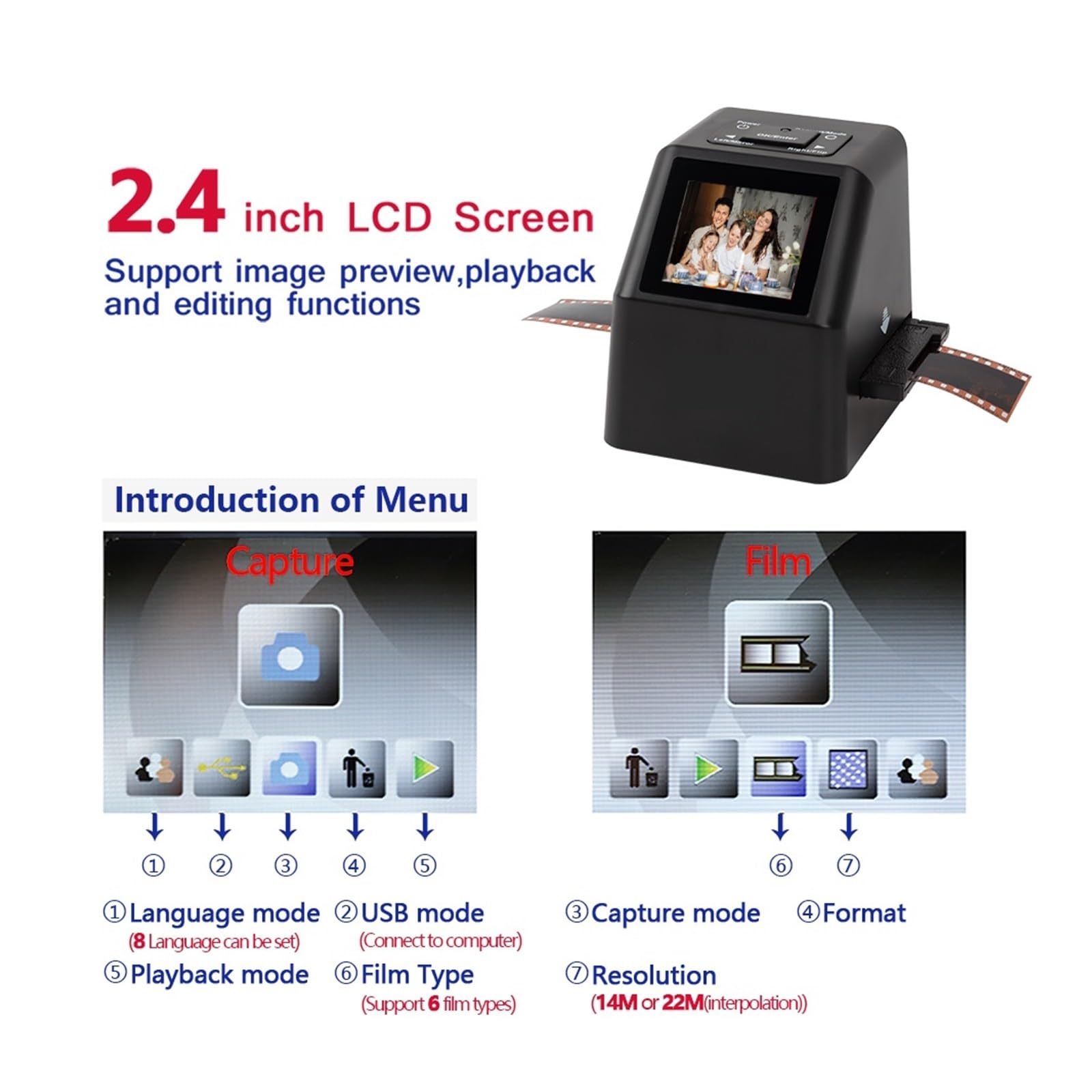Escáner portátil de película Negativa de 22 MP, conversor de Diapositivas de 35 mm, Visor de imágenes Digitales con Pantalla LCD de 2,4" y Software de edición Integrado.(FS610-white)