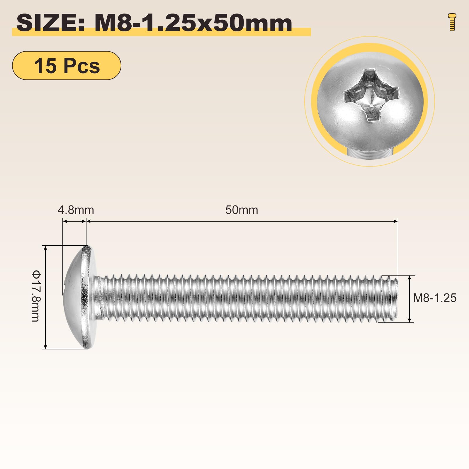 METALLIXITY Machine Screws Phillips Head(M8-1.25x50) 15Pcs, 304 Stainless Steel Round Head Phillips Drive Furniture Bolts - Image 2
