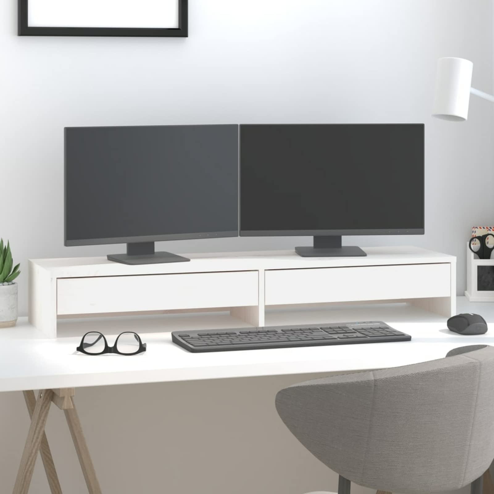 Homgoday Supporto per monitor bianco 100 x 27 x 15 cm in legno massello di pino, supporto da scrivania per monitor, supporto da scrivania per computer portatili e monitor, tipo 2