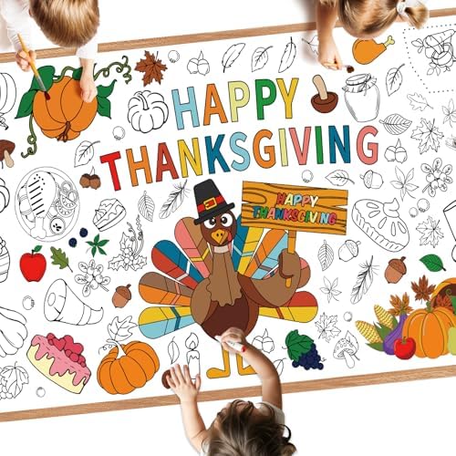 Giant Happy Thanksgiving Coloring Poster - Large Thanksgiving Coloring Tablecloth, Jumbo DIY Turkey Paper Banner Craft for Kids Game Activities Thanks giving Party Favors Supplies Decor, 30 x 72 Inch