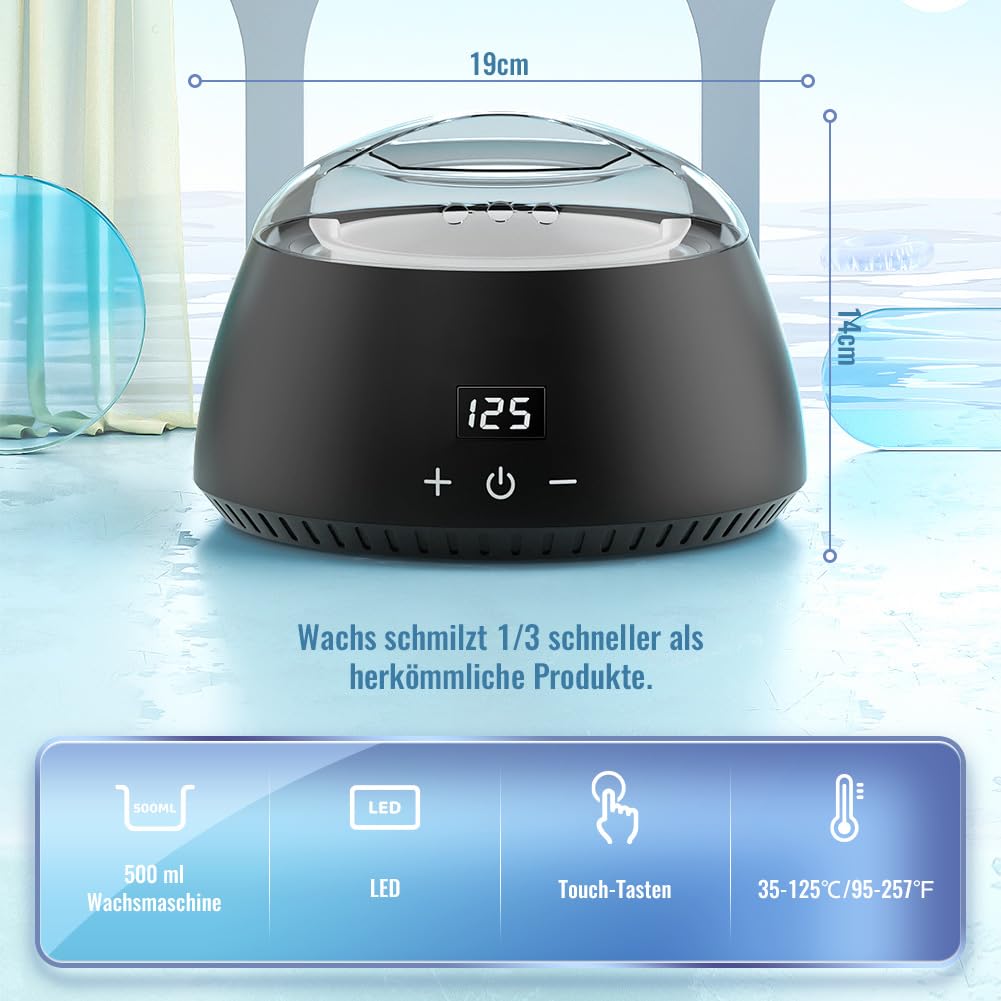 Waxing Set, LCD-Display, Silikonschale, Wachswärmer Wachs Haarentfernung mit 400g Waxing Perlen, 20 Holzspateln, 10 Papierringe zu Hause(Schwarz)