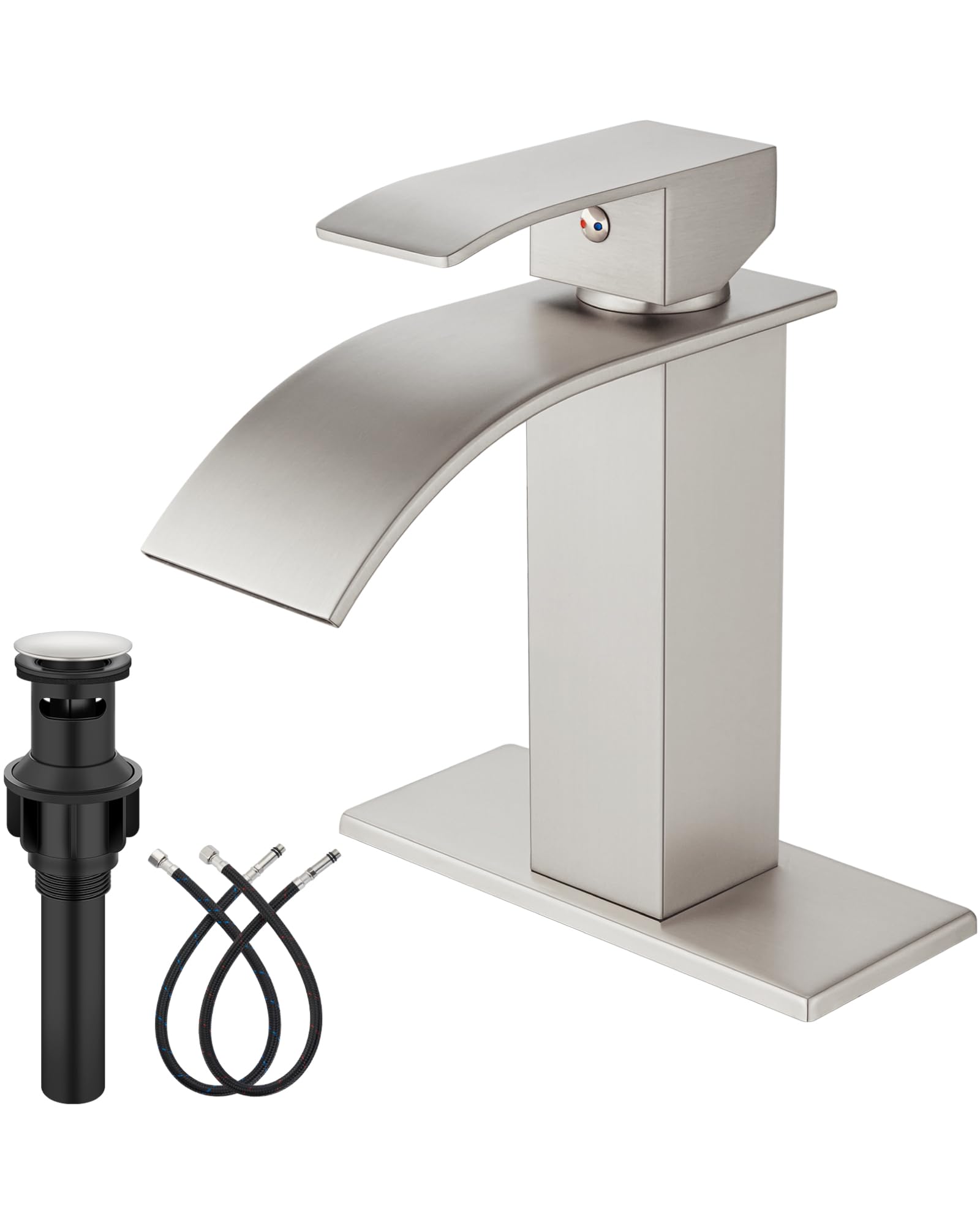 Midanya Single Hole Bathroom Faucet 1 Hole Waterfall Spout,304 Stainless Steel Bathroom Sink Faucet with Deck Plate and Pop-Up Drain,Suitable for RV Vanity,Brushed Nickel