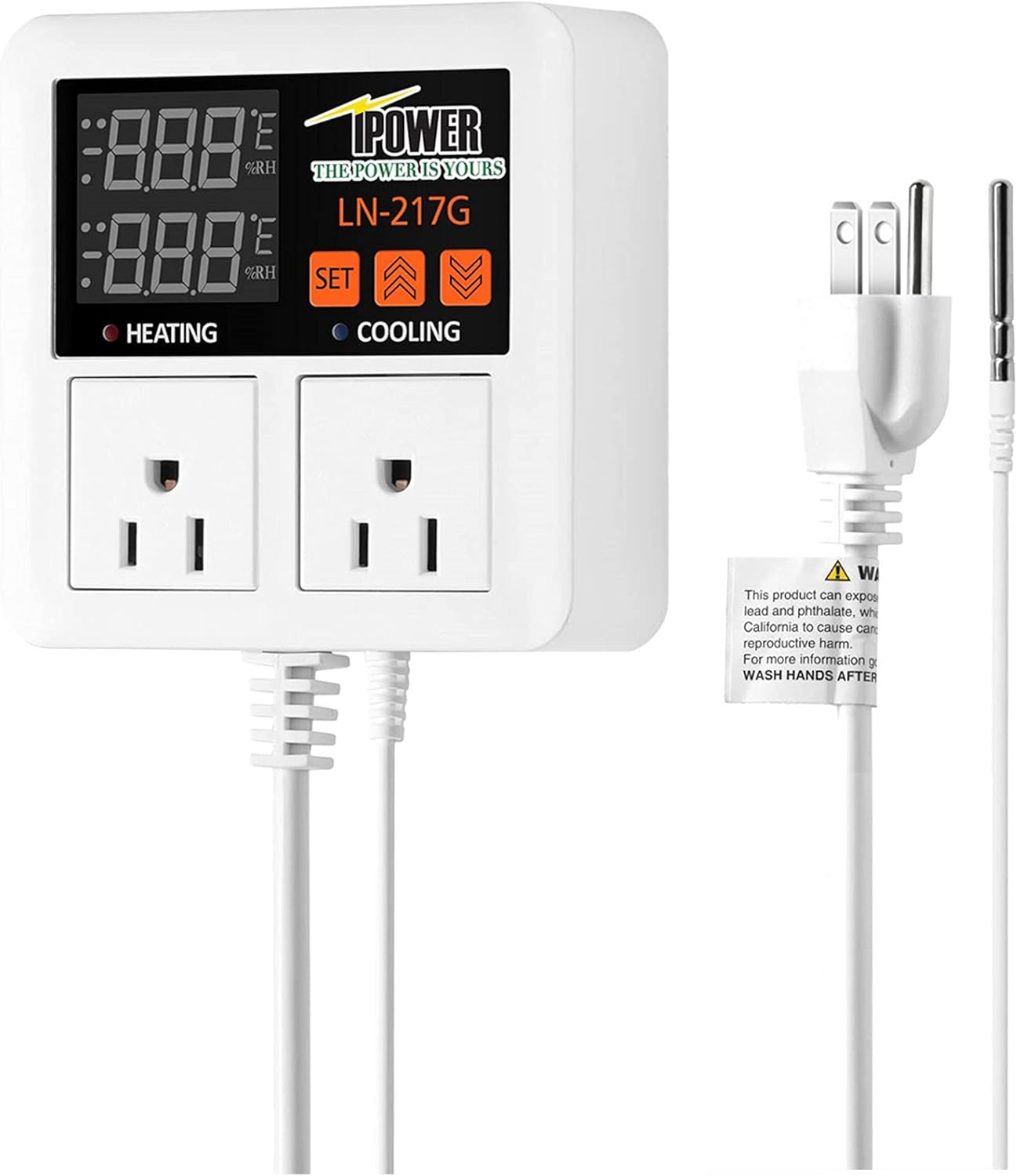 iPower Digital Temperature Controller, 1200W 10A Dual Outlet Thermostat Plug, 2-Stage Heating/Cooling Mode, for Seed Germination, Reptiles, Brewing Breeding, Fermenter Greenhouse